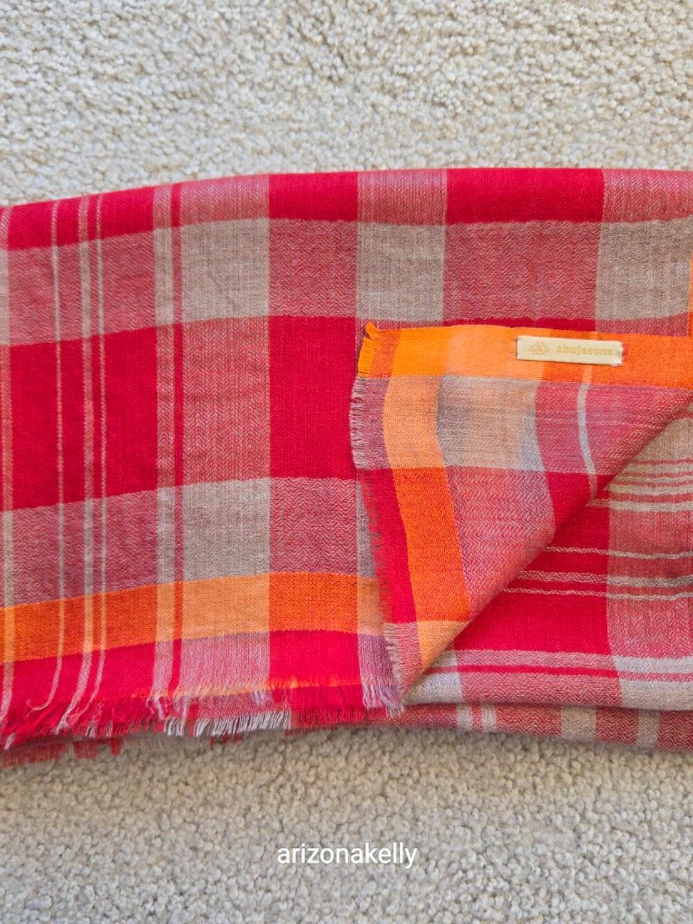Ahujasons Cashmere Red, Grey, and Orange Plaid Scarf - Picture 16 of 16